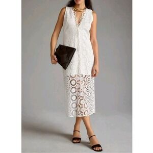 Maeve Anthropologie‎ White Eyelet Lace Button Front Midi Dress Sz 14P Boho Event